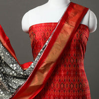 Red - 2pc Mulberry Silk Pochampally Ikat Dress Material Set 10