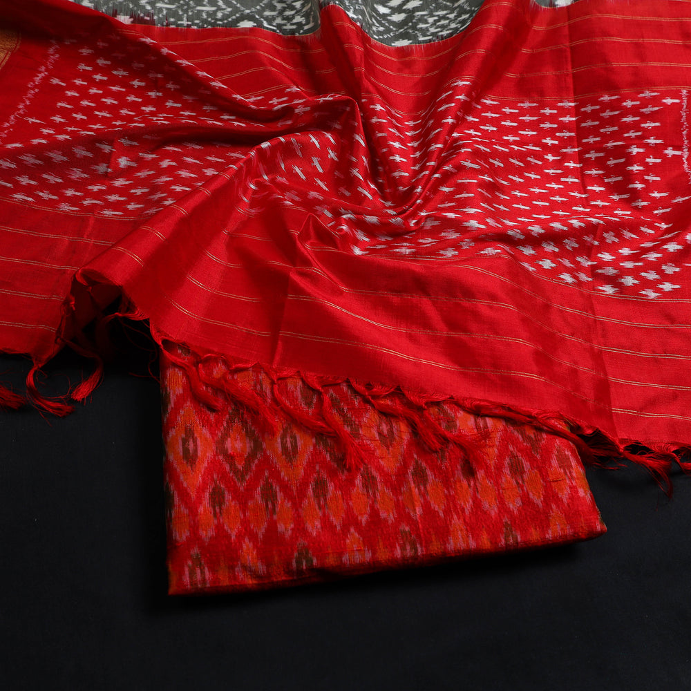 Red - 2pc Mulberry Silk Pochampally Ikat Dress Material Set 10