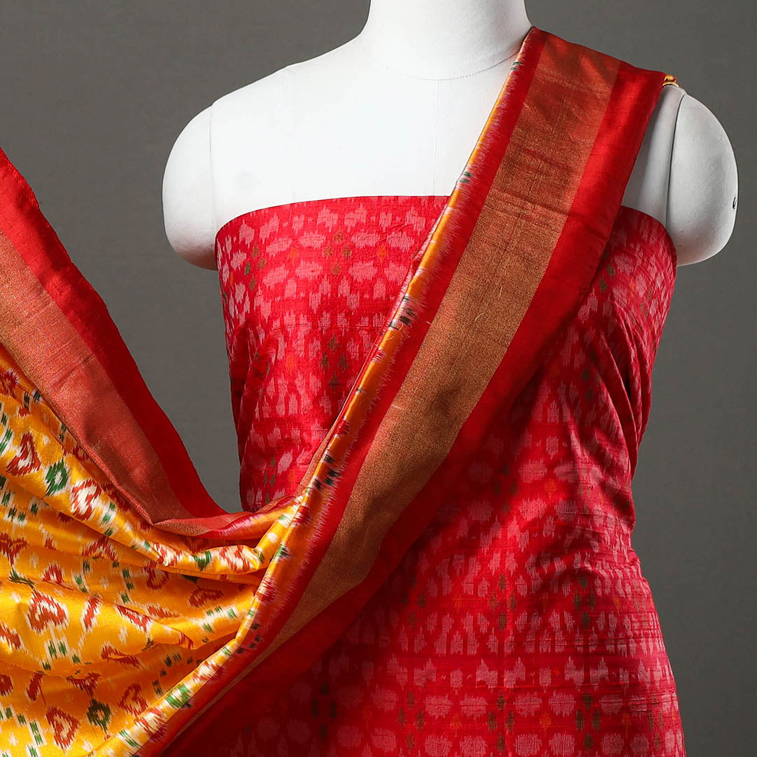 Red - 2pc Mulberry Silk Pochampally Ikat Dress Material Set 15