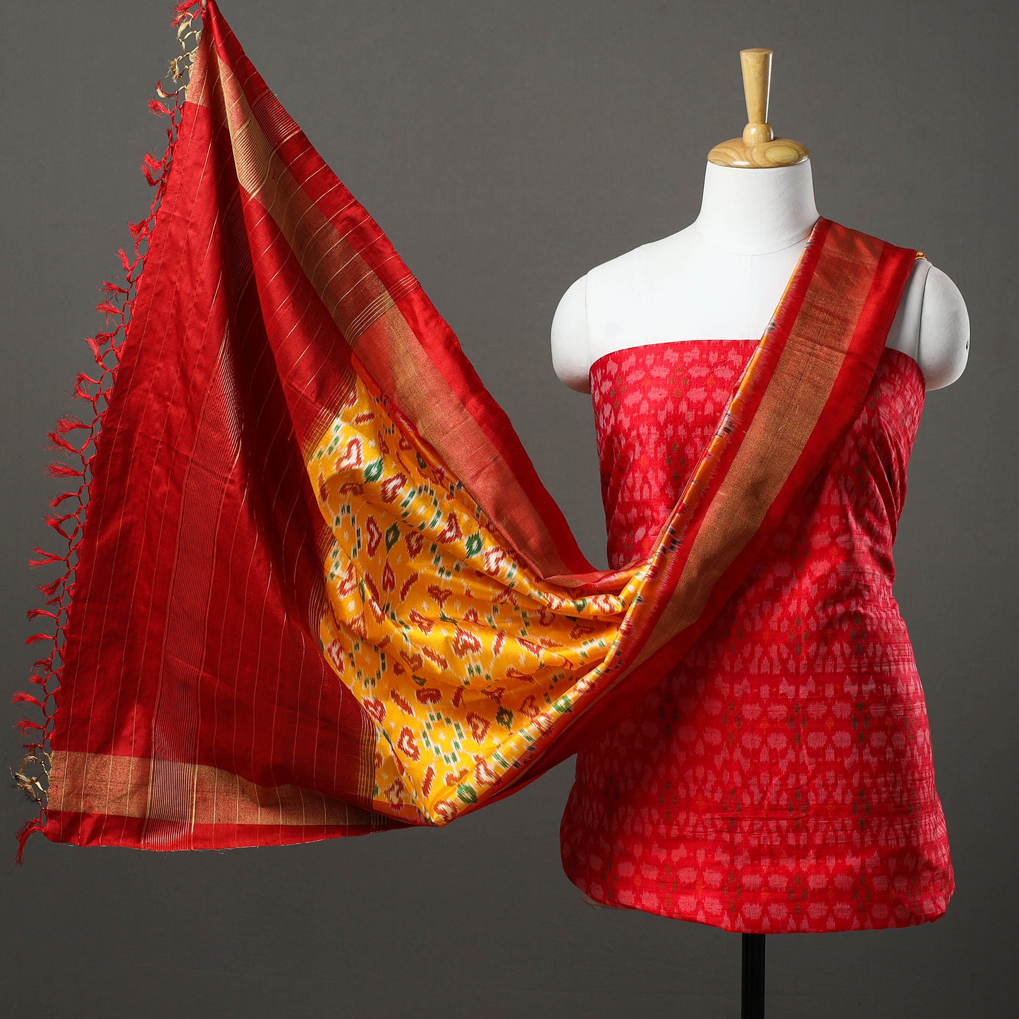 Red - 2pc Mulberry Silk Pochampally Ikat Dress Material Set 15