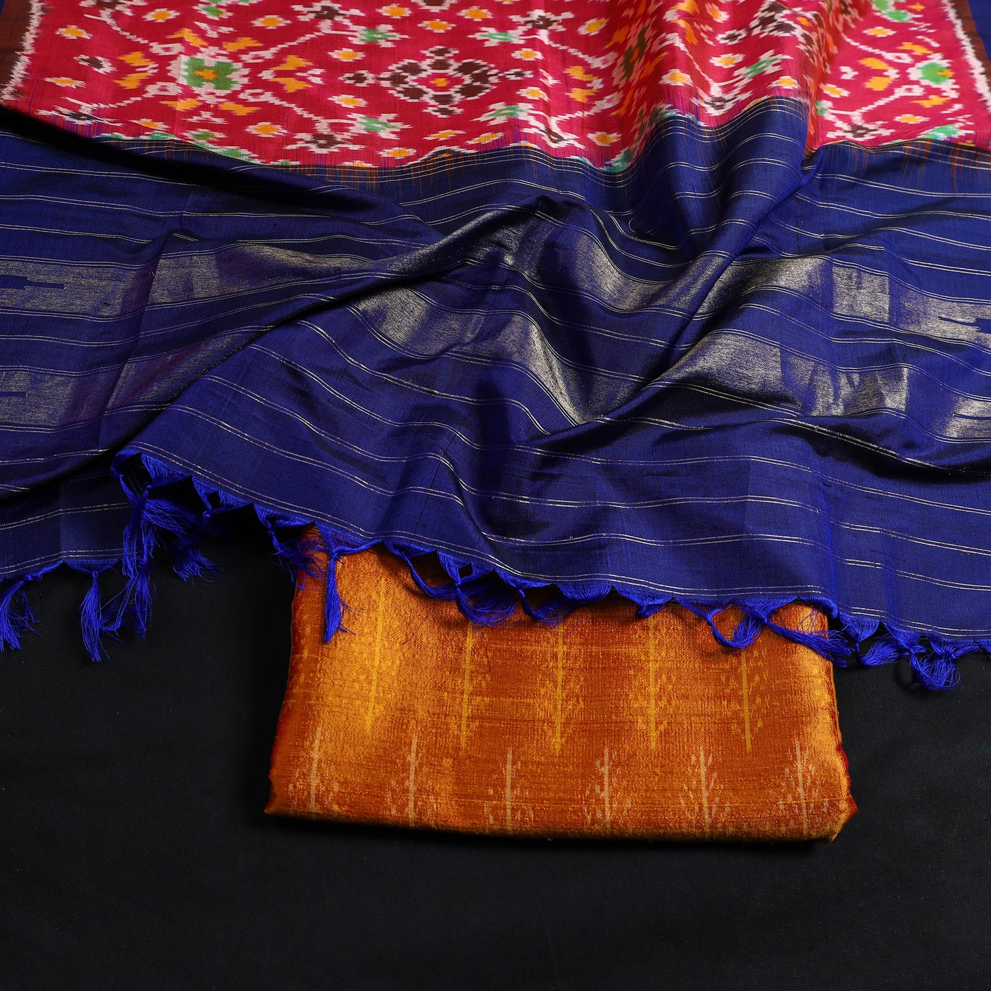 Orange - 2pc Mulberry Silk Pochampally Ikat Dress Material Set 14