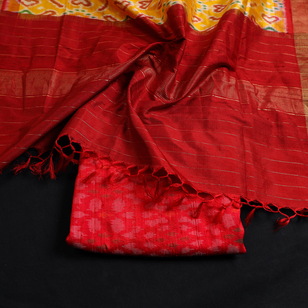 Red - 2pc Mulberry Silk Pochampally Ikat Dress Material Set 15