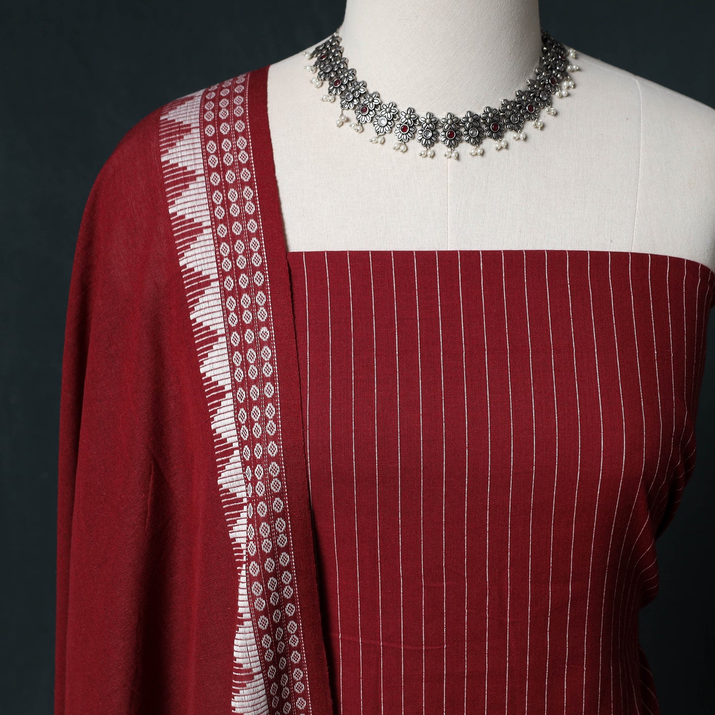 Jacquard Cotton Unstitched Dress Material: Kurta & Dupatta with Earrings 03