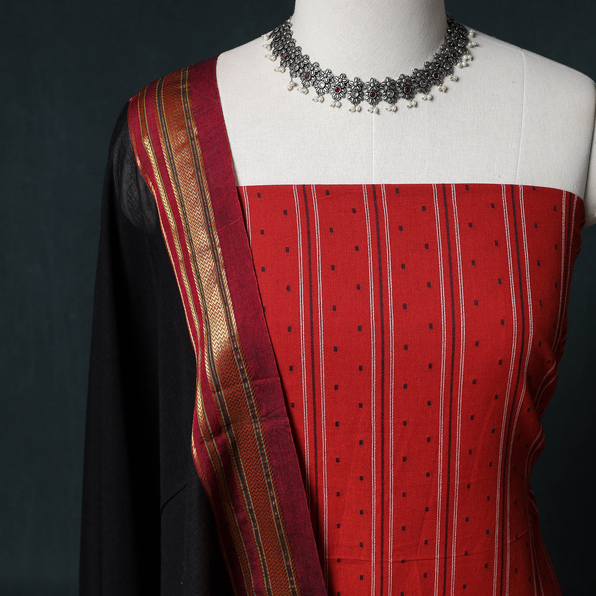 Jacquard Cotton Unstitched Dress Material: Kurta & Dupatta with Earrings 04