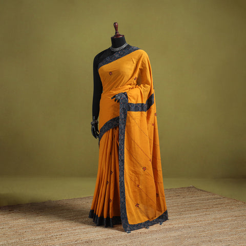 Yellow - Mul Cotton Ajrakh Patchwork Saree with Tagai Mirror Work 03