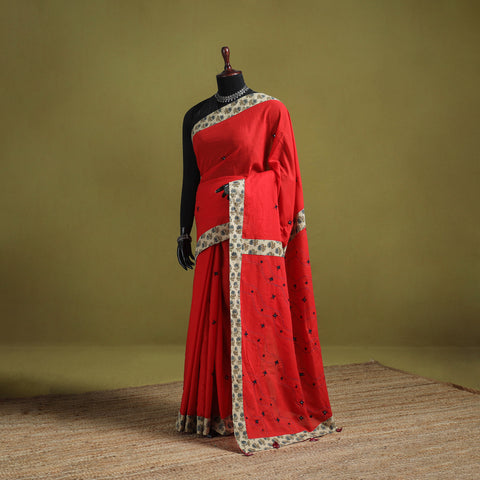 Red - Mul Cotton Ajrakh Patchwork Saree with Tagai Mirror Work 04