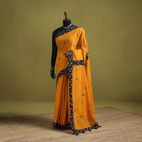 Yellow - Mul Cotton Ajrakh Patchwork Saree with Tagai Mirror Work 06