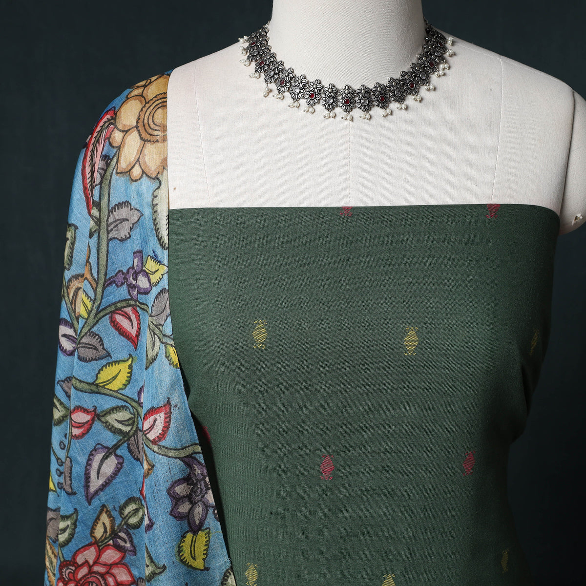 Jacquard Cotton Unstitched Dress Material: Kurta & Dupatta with Earrings 10
