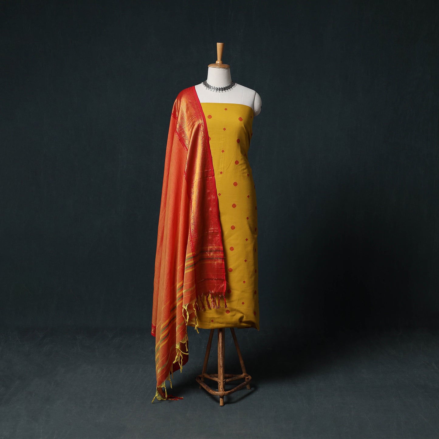 Jacquard Cotton Unstitched Dress Material: Kurta & Dupatta with Earrings 11