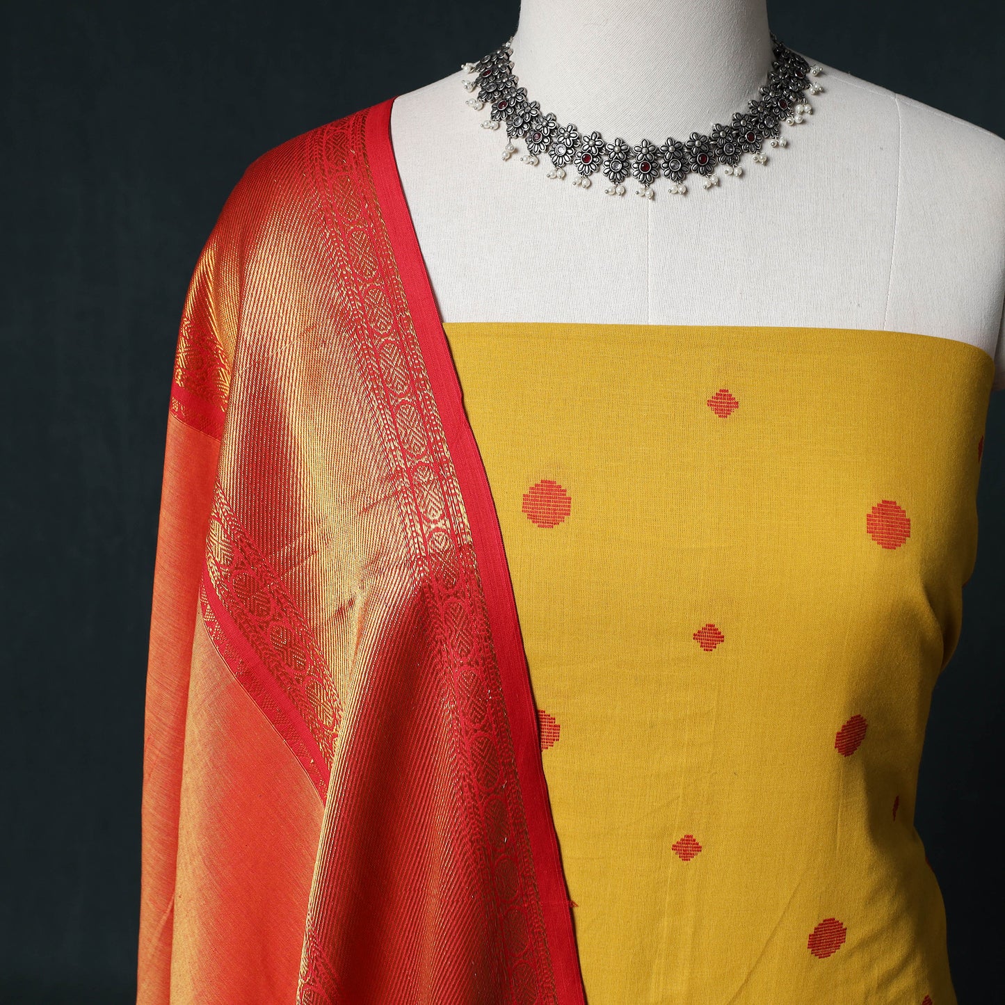 Jacquard Cotton Unstitched Dress Material: Kurta & Dupatta with Earrings 11