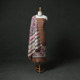 Pure Handloom Tussar Silk Sanganeri Block Print Unstitched Dress Material: Kurta with Dupatta 09