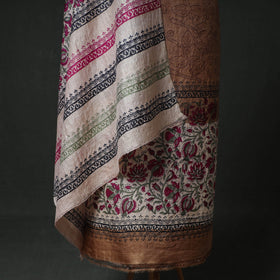 Pure Handloom Tussar Silk Sanganeri Block Print Unstitched Dress Material: Kurta with Dupatta 09