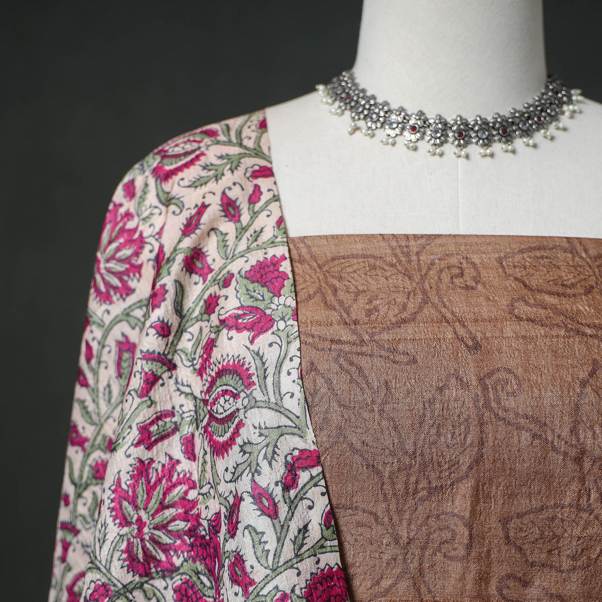 Pure Handloom Tussar Silk Sanganeri Block Print Unstitched Dress Material: Kurta with Dupatta 09