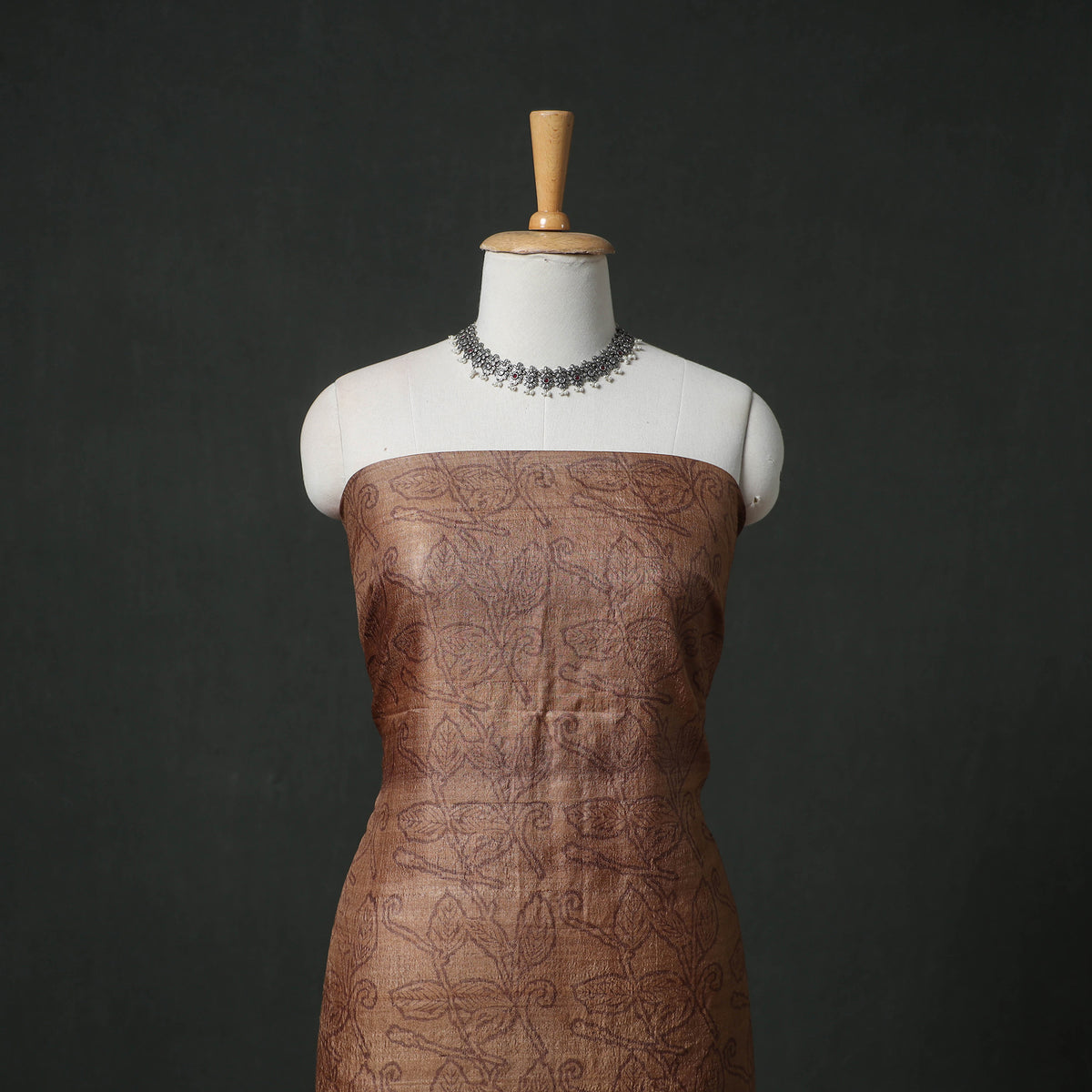 Pure Handloom Tussar Silk Sanganeri Block Print Unstitched Dress Material: Kurta with Dupatta 09