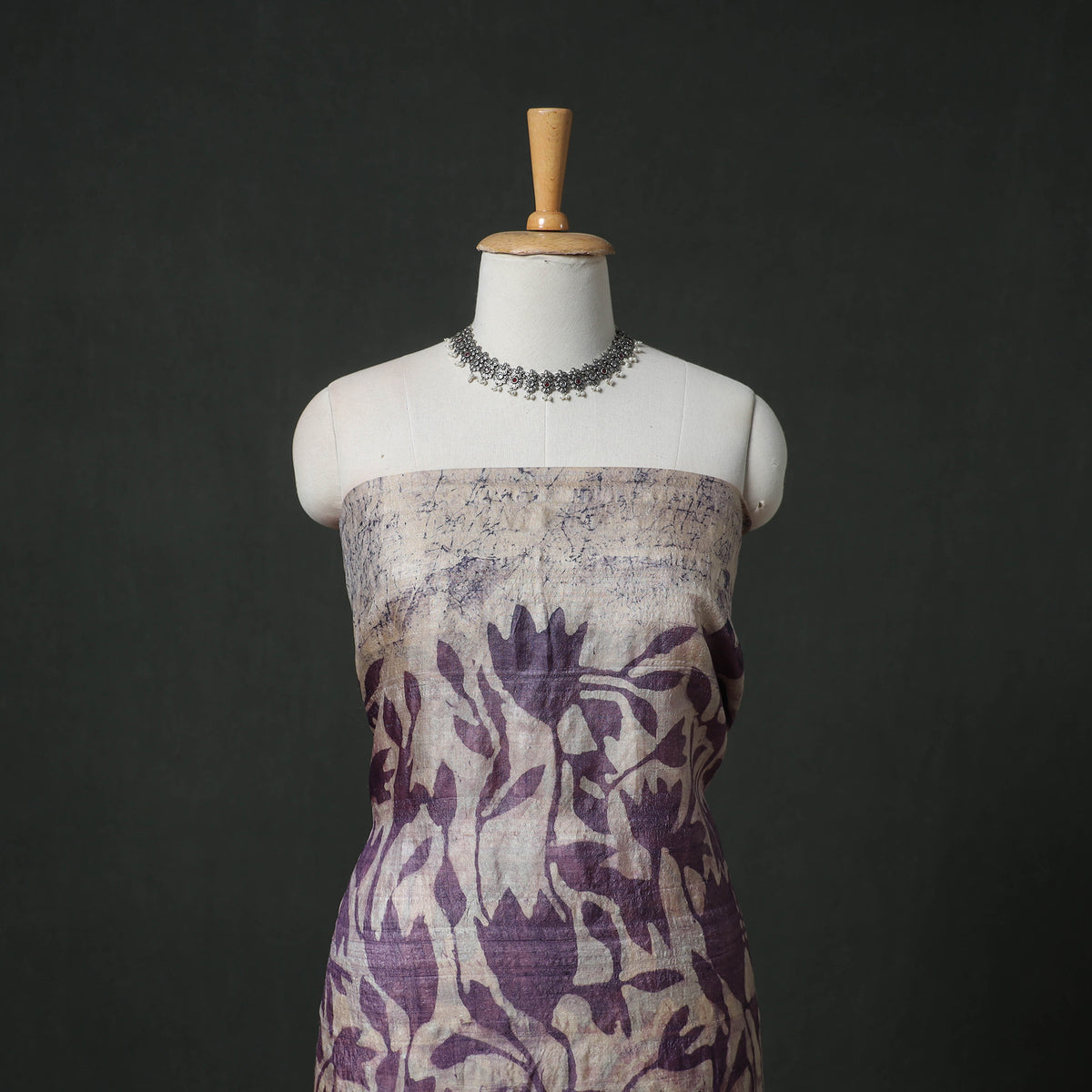 Pure Handloom Tussar Silk Hand Batik Print Unstitched Dress Material: Kurta with Dupatta 08