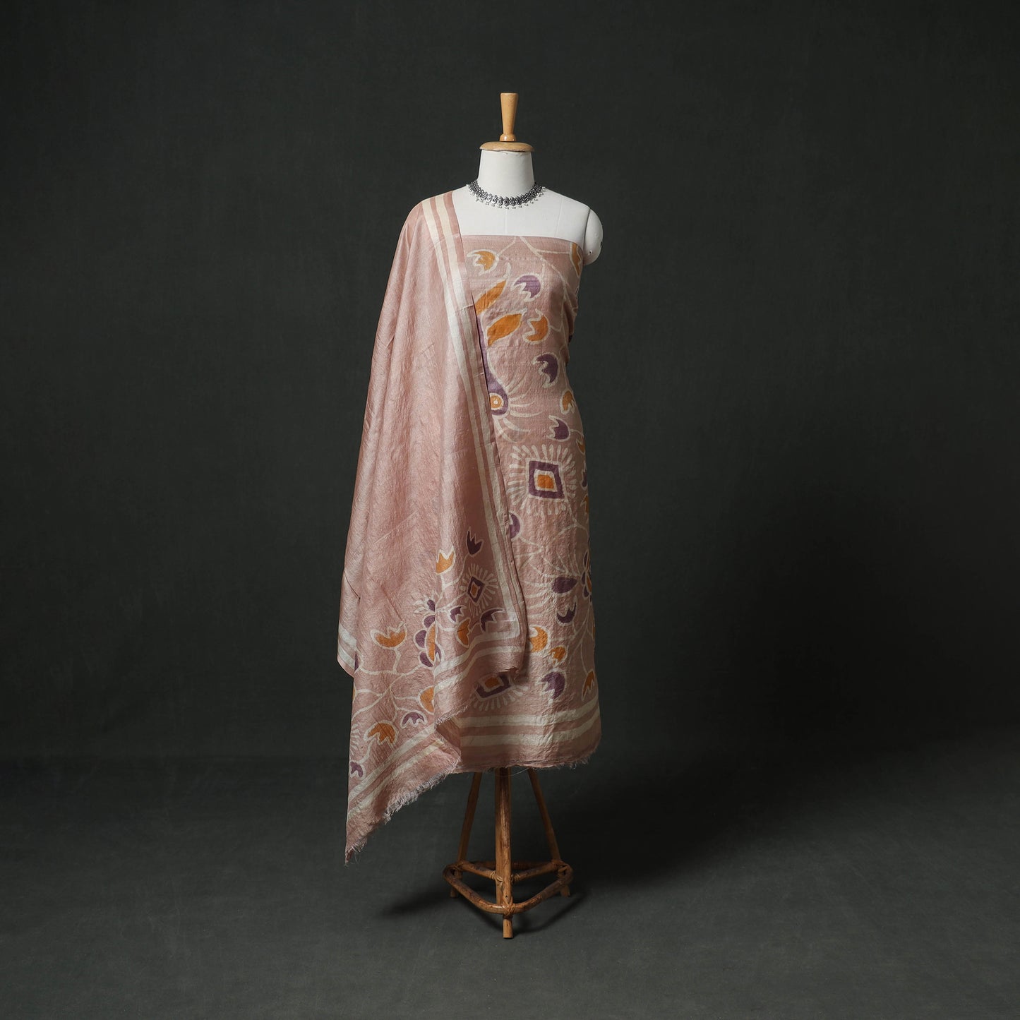 Pure Handloom Tussar Silk Hand Batik Print Unstitched Dress Material: Kurta with Dupatta 07