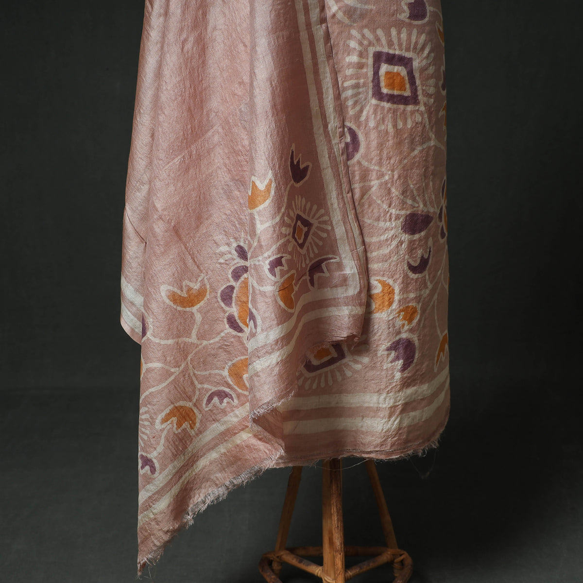 Pure Handloom Tussar Silk Hand Batik Print Unstitched Dress Material: Kurta with Dupatta 07