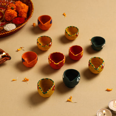 Diwali Decor Handpainted Clay Diya (Set Of 10) 04