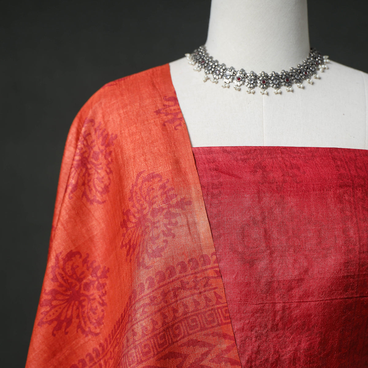 Pure Handloom Tussar Silk Hand Block Print Unstitched Dress Material: Kurta with Dupatta 06