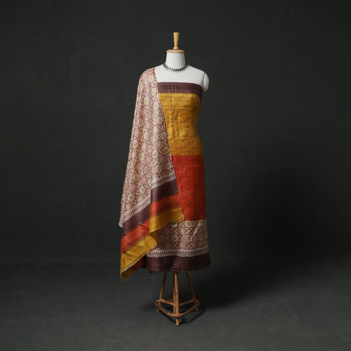 Pure Handloom Tussar Silk Hand Batik Print Unstitched Dress Material: Kurta with Dupatta 05