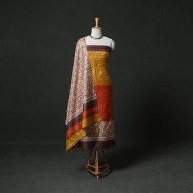Pure Handloom Tussar Silk Hand Batik Print Unstitched Dress Material: Kurta with Dupatta 05