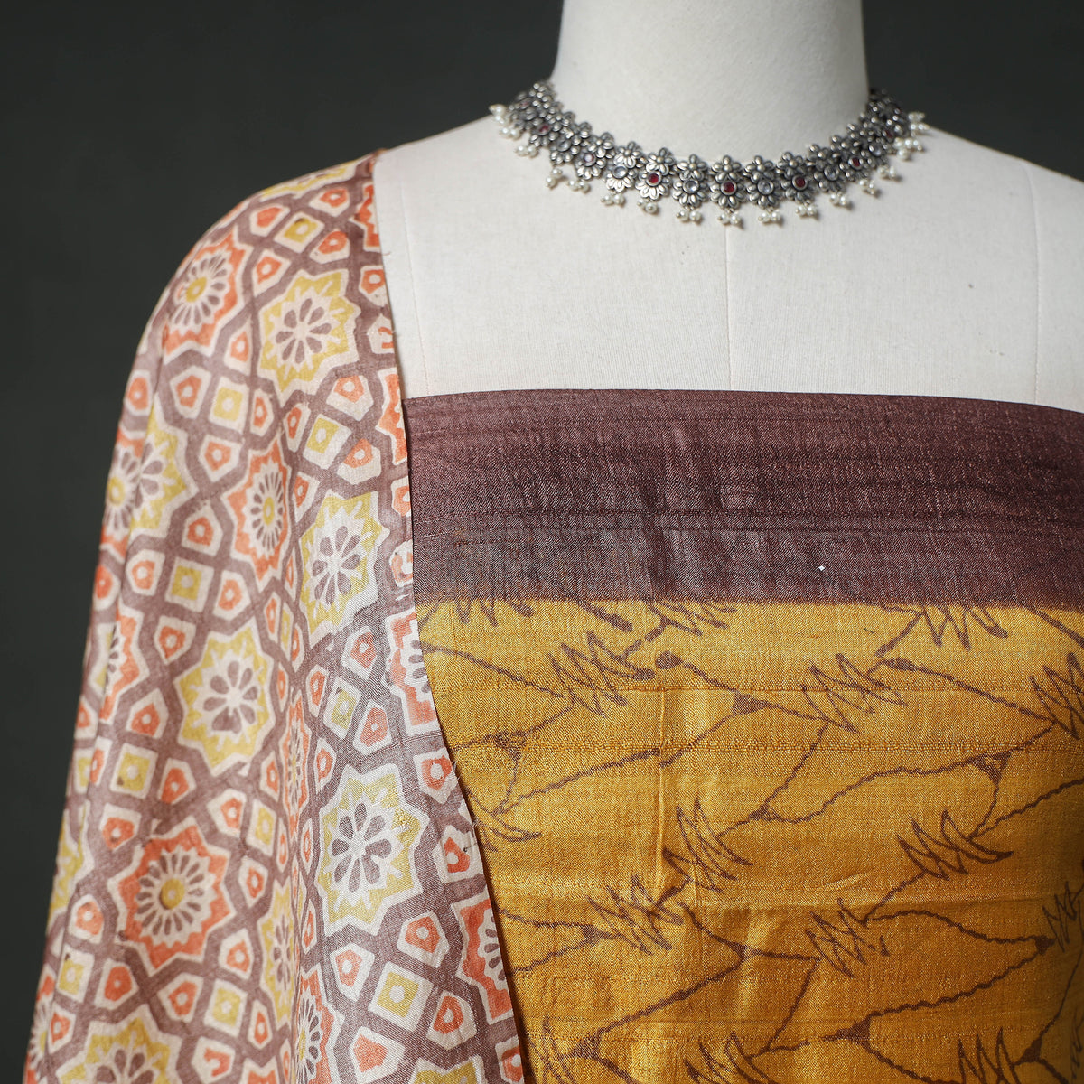 Pure Handloom Tussar Silk Hand Batik Print Unstitched Dress Material: Kurta with Dupatta 05