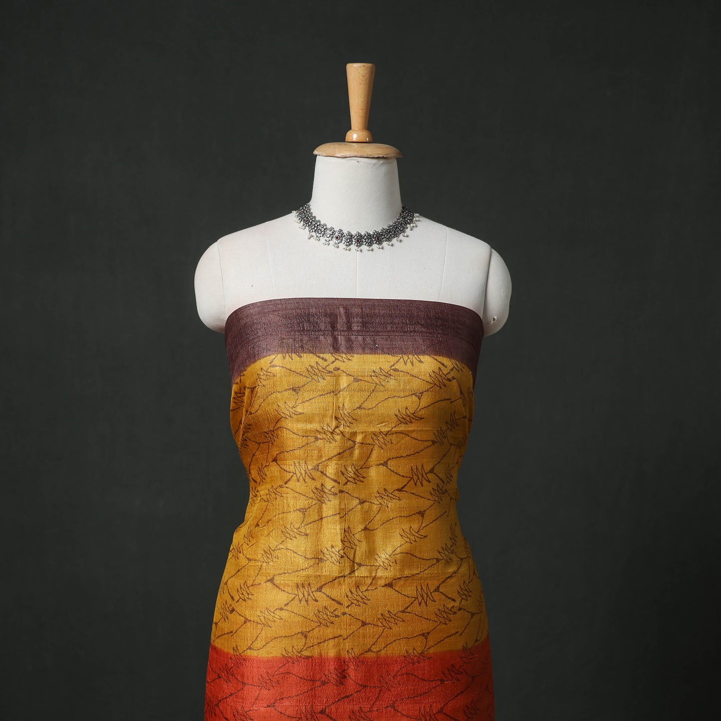 Pure Handloom Tussar Silk Hand Batik Print Unstitched Dress Material: Kurta with Dupatta 05
