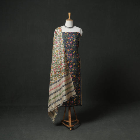 Pure Handloom Tussar Silk Sanganeri Block Print Unstitched Dress Material: Kurta with Dupatta 04