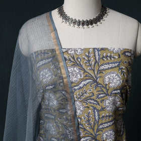 Sanganeri Hand Block Print Cotton 2pc Unstitched Dress Material Kurta Set with Earrings 02