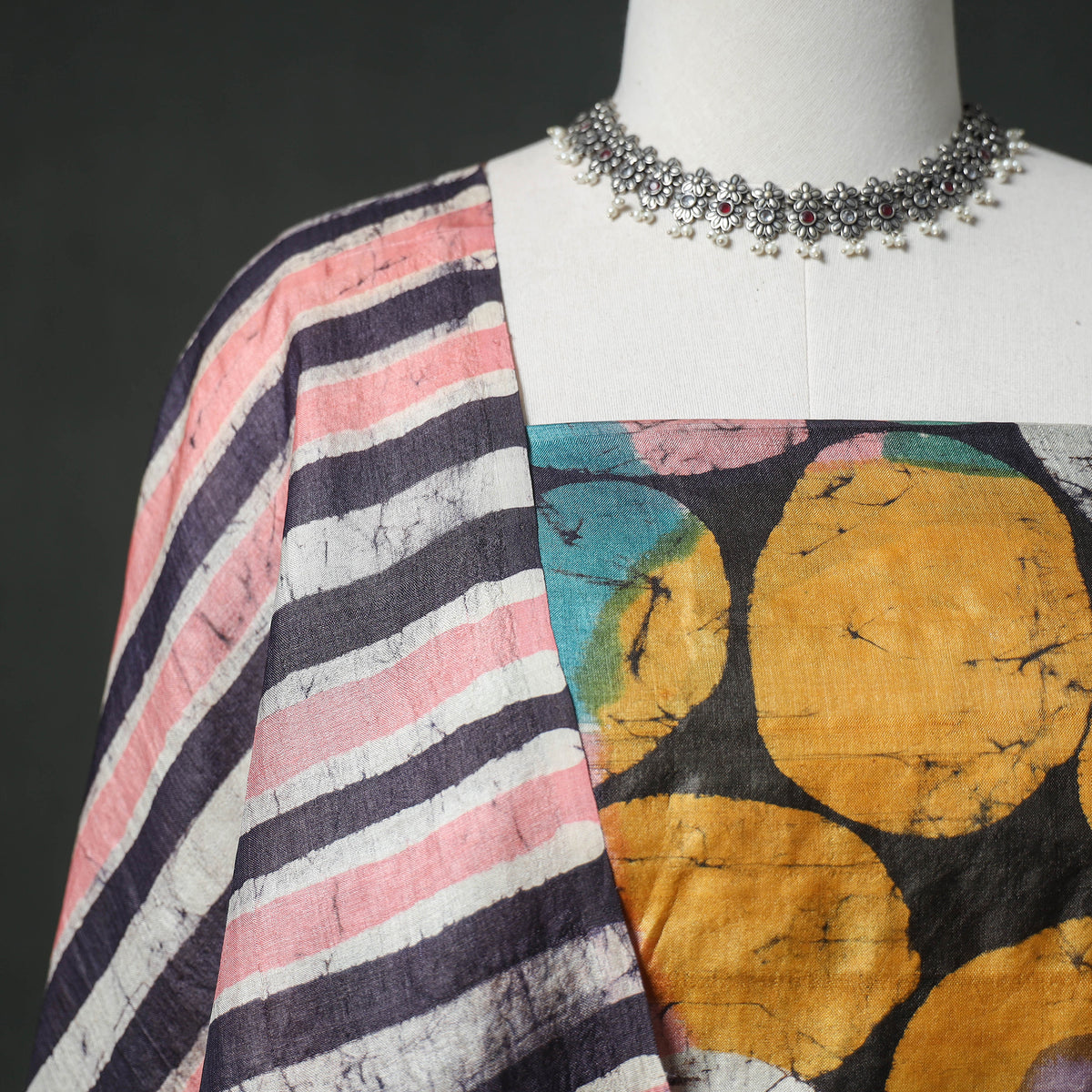 Pure Handloom Tussar Silk Hand Batik Print Unstitched Dress Material: Kurta with Dupatta 03