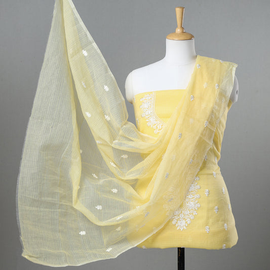 Yellow - 3pc Kota Doria Cotton Embroidered Suit Material Set 01
