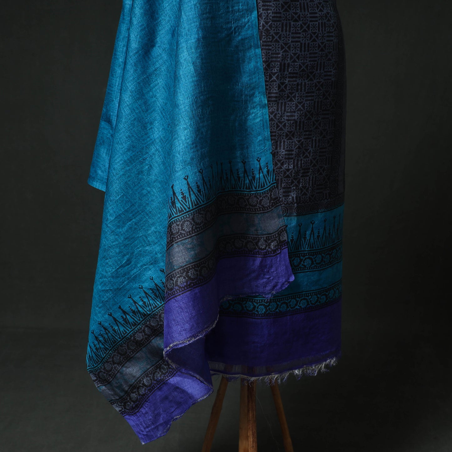 Pure Handloom Tussar Silk Hand Block Print Unstitched Dress Material: Kurta with Dupatta 02