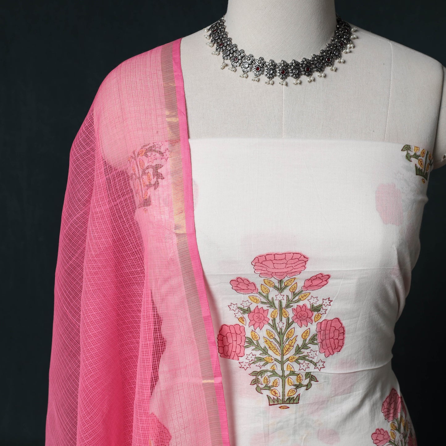 Sanganeri Hand Block Print Cotton 2pc Unstitched Dress Material Kurta Set with Earrings 03