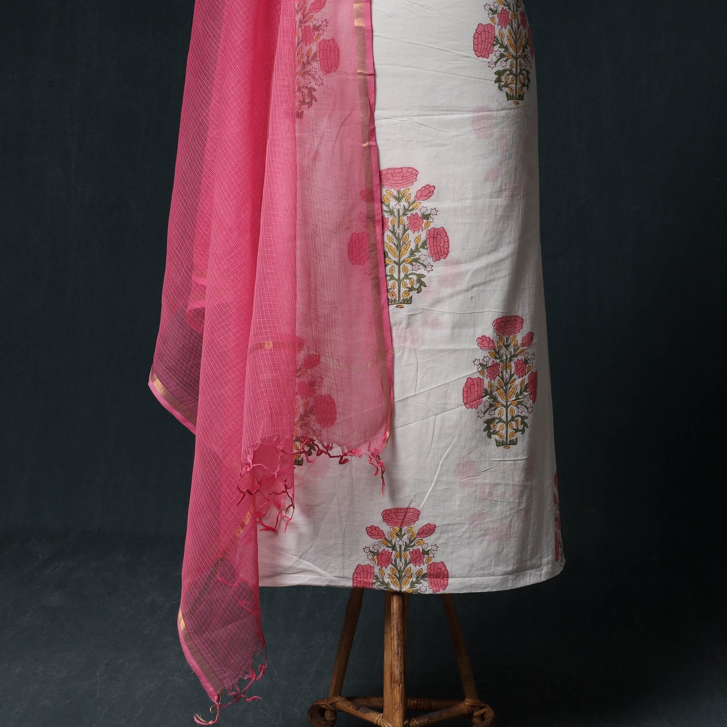 Sanganeri Hand Block Print Cotton 2pc Unstitched Dress Material Kurta Set with Earrings 03
