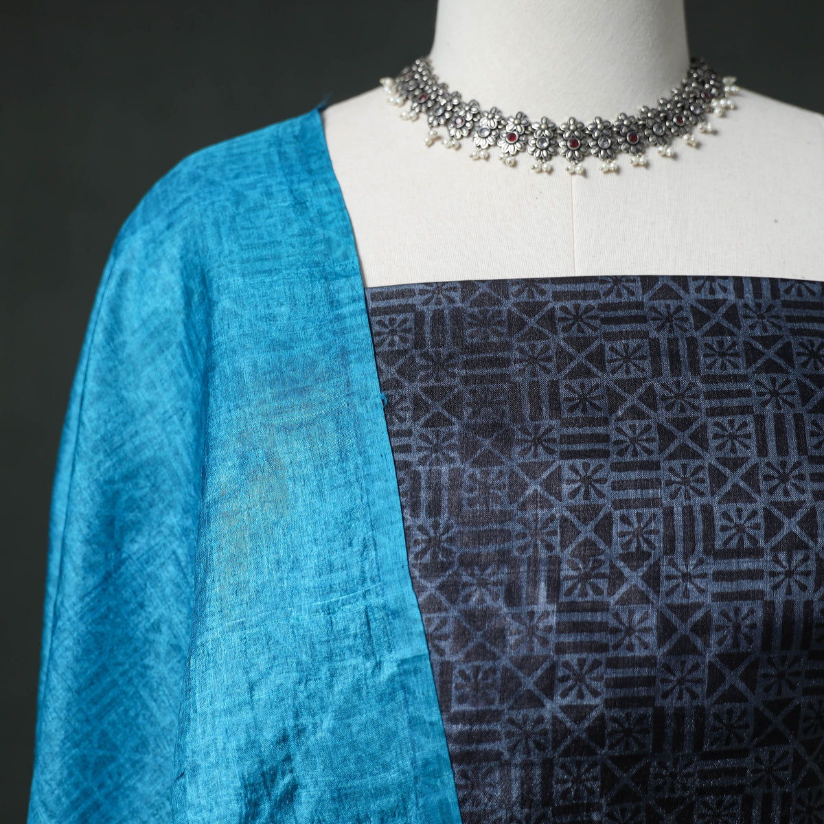 Pure Handloom Tussar Silk Hand Block Print Unstitched Dress Material: Kurta with Dupatta 02