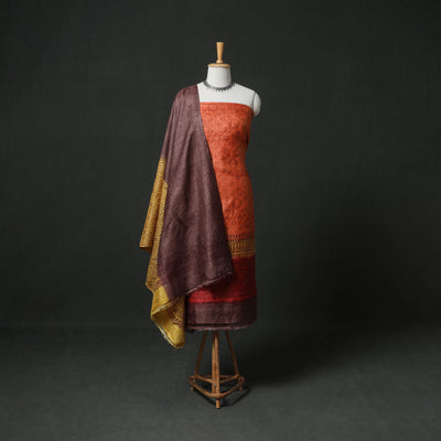 Pure Handloom Tussar Silk Hand Batik Print Unstitched Dress Material: Kurta with Dupatta 01