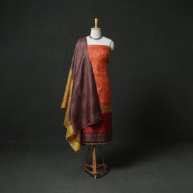 Pure Handloom Tussar Silk Hand Batik Print Unstitched Dress Material: Kurta with Dupatta 01
