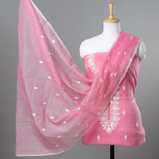 Pink - 3pc Kota Doria Cotton Embroidered Suit Material Set 02