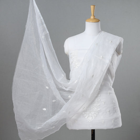 White - 3pc Kota Doria Cotton Embroidered Suit Material Set 03