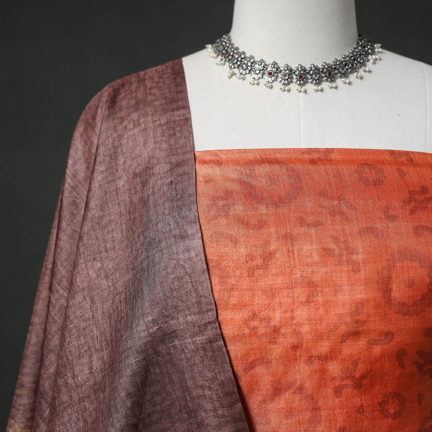 Pure Handloom Tussar Silk Hand Batik Print Unstitched Dress Material: Kurta with Dupatta 01