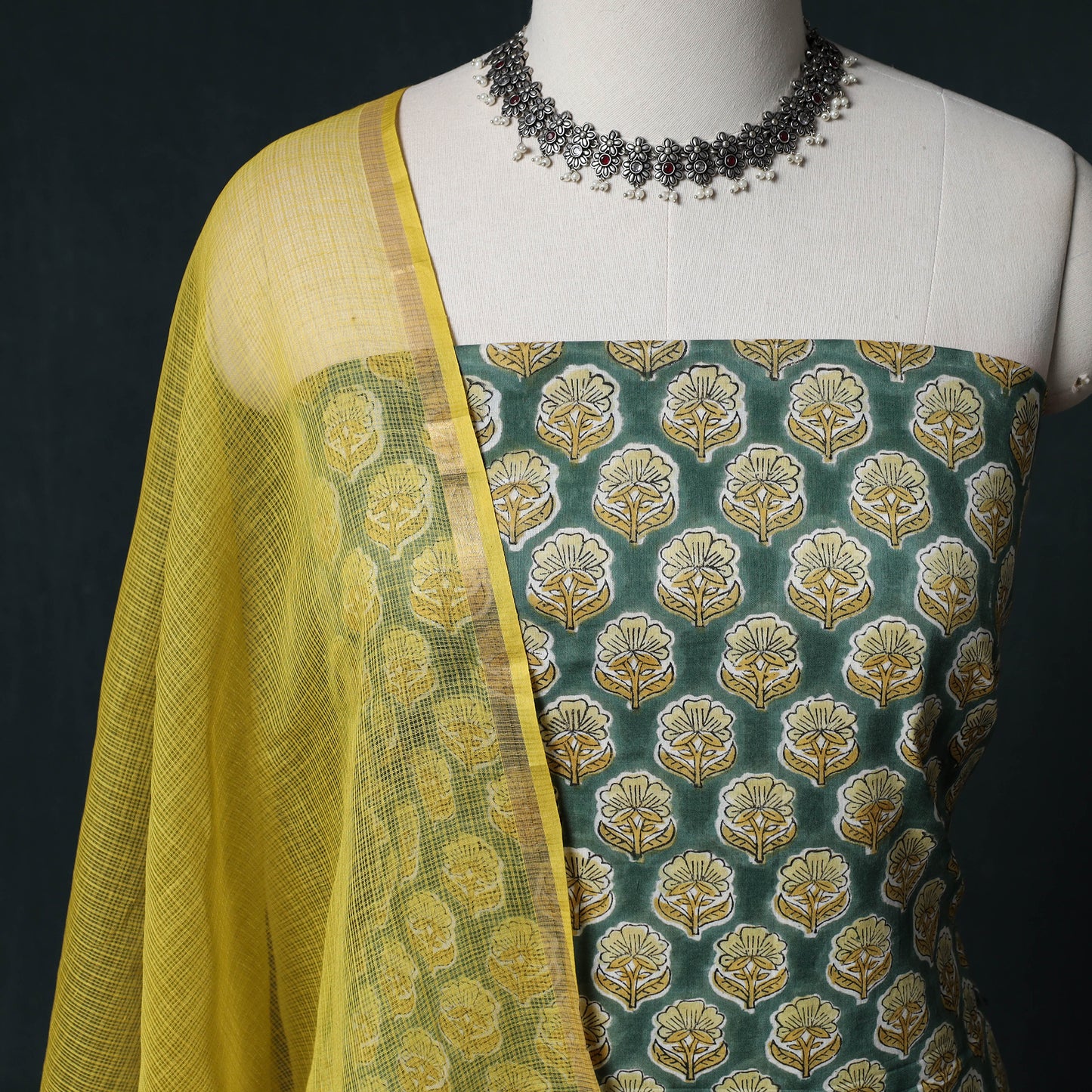 Sanganeri Hand Block Print Cotton 2pc Unstitched Dress Material Kurta Set with Earrings 04