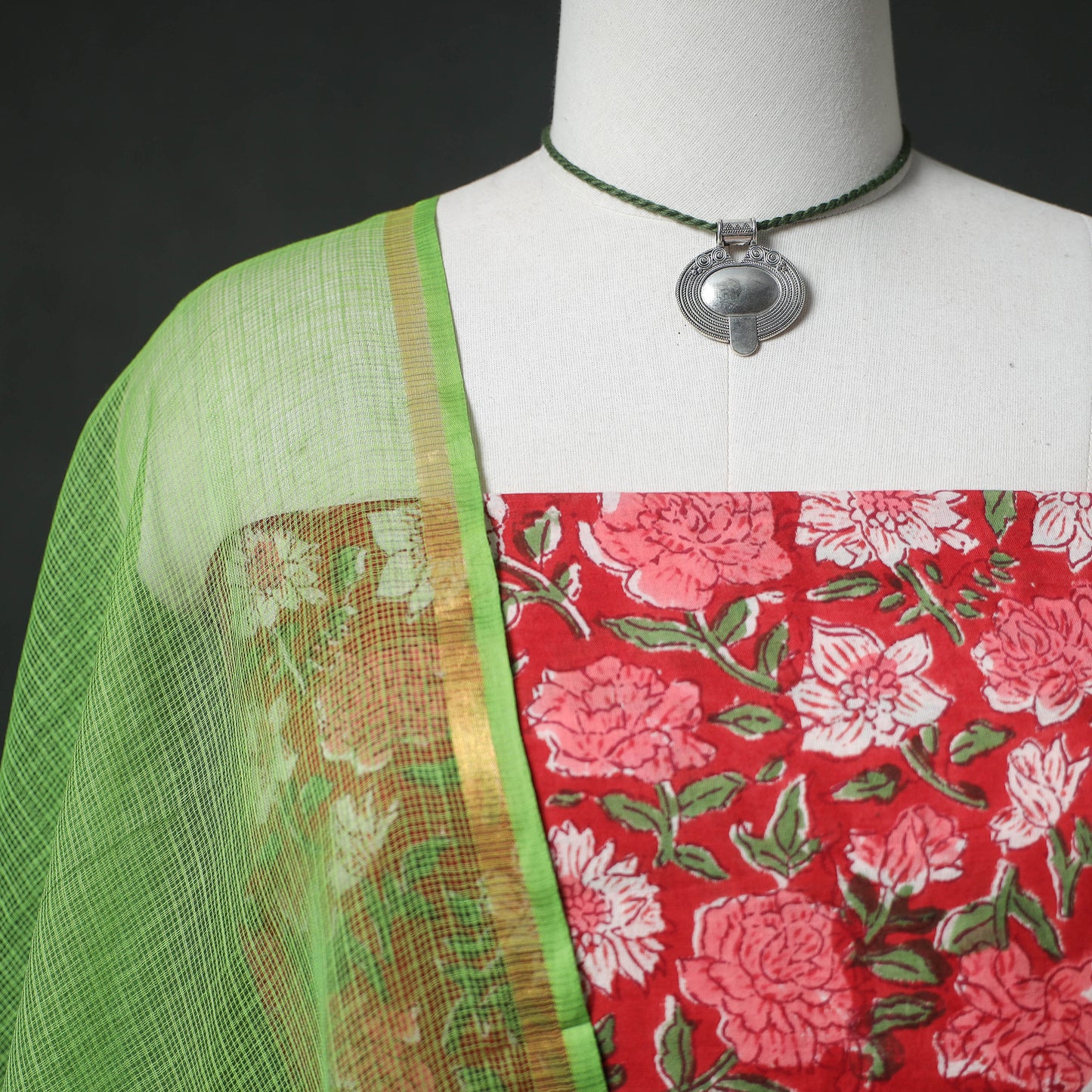 Sanganeri Hand Block Print Cotton 2pc Unstitched Dress Material Kurta Set with Jewellery 01