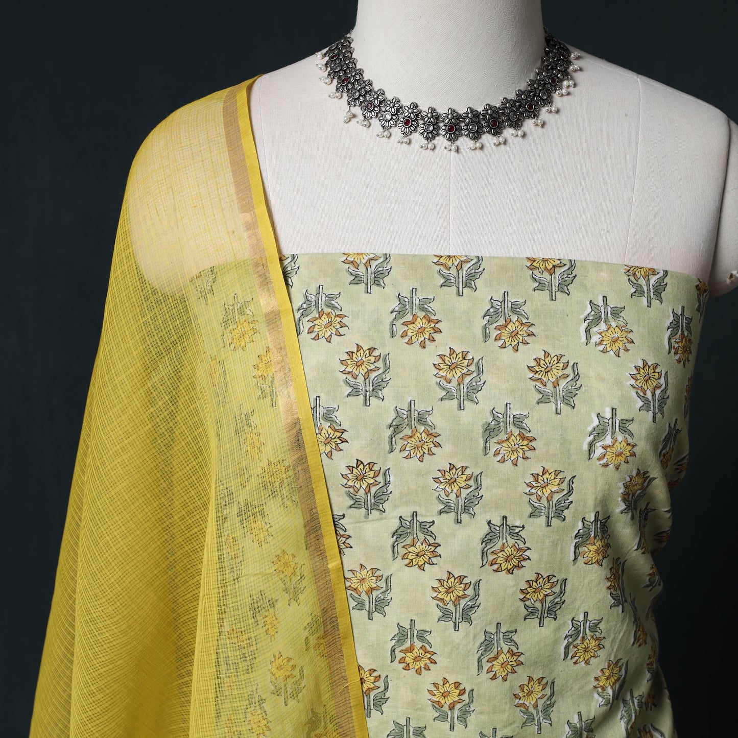 Sanganeri Hand Block Print Cotton 2pc Unstitched Dress Material Kurta Set with Earrings 05