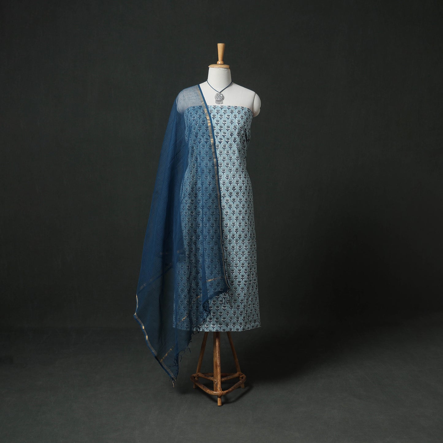 Sanganeri Hand Block Print Cotton 2pc Unstitched Dress Material Kurta Set with Jewellery 03