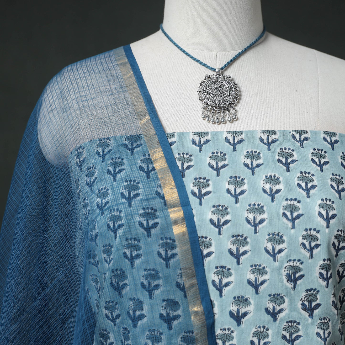 Sanganeri Hand Block Print Cotton 2pc Unstitched Dress Material Kurta Set with Jewellery 03