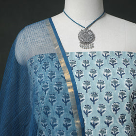 Sanganeri Hand Block Print Cotton 2pc Unstitched Dress Material Kurta Set with Jewellery 03