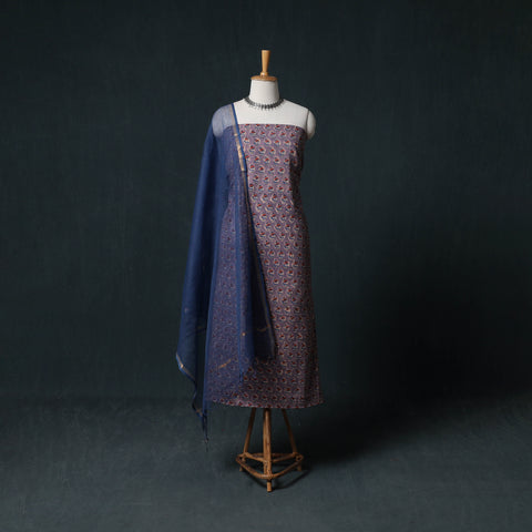 Sanganeri Hand Block Print Cotton 2pc Unstitched Dress Material Kurta Set with Earrings 06