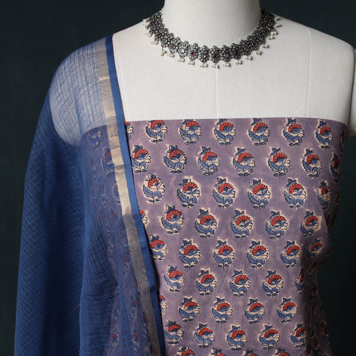 Sanganeri Hand Block Print Cotton 2pc Unstitched Dress Material Kurta Set with Earrings 06