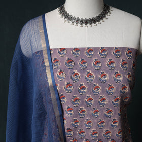 Sanganeri Hand Block Print Cotton 2pc Unstitched Dress Material Kurta Set with Earrings 06