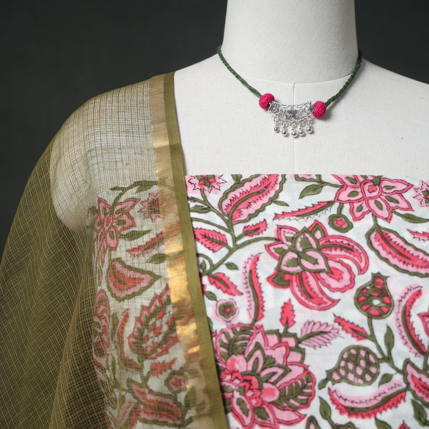 Sanganeri Hand Block Print Cotton 2pc Unstitched Dress Material Kurta Set with Jewellery 04